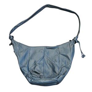 Vintage Blue Genuine Leather Shoulder Slouchy Medium Zipper Boho Hobo Bag Purse